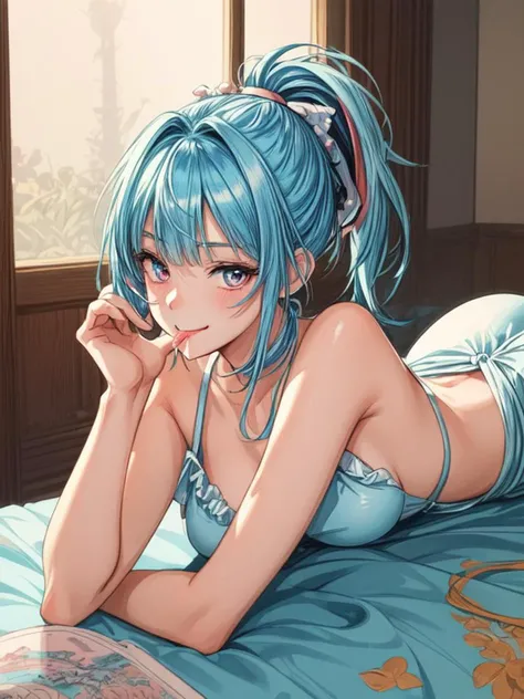 (masterpiece, illustration, best quality:1.33),delicate details,refined rendering,Sharp_focus,vivid_color,(Japan anime style, Toon style, Manga style:1.21),1girl,27-years-old female,slim female,solo,portrait,<lora:add_detail:1>,((([Accent lighting|Backlighting|Morning sunlight|Color wash lighting]))),(Kind Smile,Licking:1.236),((Neon blue Hair,one side up,Ponytail with Bangs,sidelocks)),