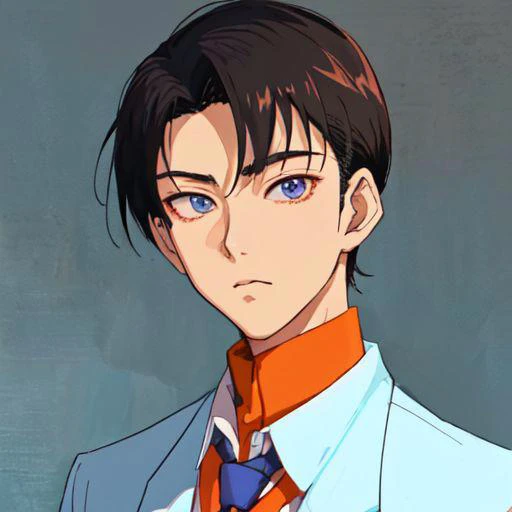 1boy,slim Asian boy,25-years-old male,tall,thin,handsome detailed face,detailed eyes,solid eyes,detailed hair,short hair,(blazer, collared shirt, necktie),simple background,(80s anime, portrait:1.5),