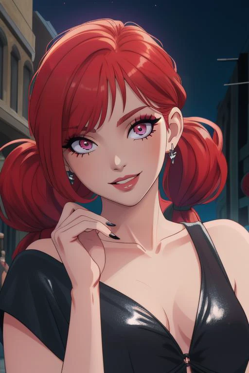 ((masterpiece)),(illustration),best quality,delicate details,refined rendering,Anime style,extremely detailed CG unity 8k wallpaper,toon style,((Guido Daniele)),hard lighting,shadow,on the street,(portrait:1.35),
1girl,(solo:1.4),slim,thin,adult,model,well-proportioned hands,eyeliner,eyelashes,eyeshadow,makeup,random_color_nail_polish,(Fashionable Dressing:1.35),(Fashionable catwalk poses:1.35),Strawberry red Hair,low twintails,hair intakes,undercut with Tattoos,global illuminations,shadow,glowing nails,Crazy Smile