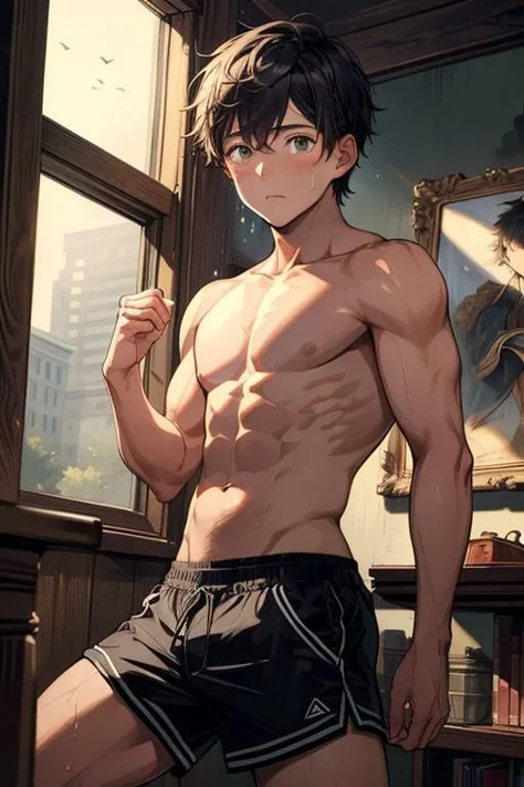 ((((masterpiece,best quality,ultra-detailed)))),1boy,solo,slim Asian boy,portrait,<lora:add_detail:0.8>,ground view up,Upshorts,full shot,flying kick,Wiping Tears,Parody,indoors,Rembrandt lighting,
