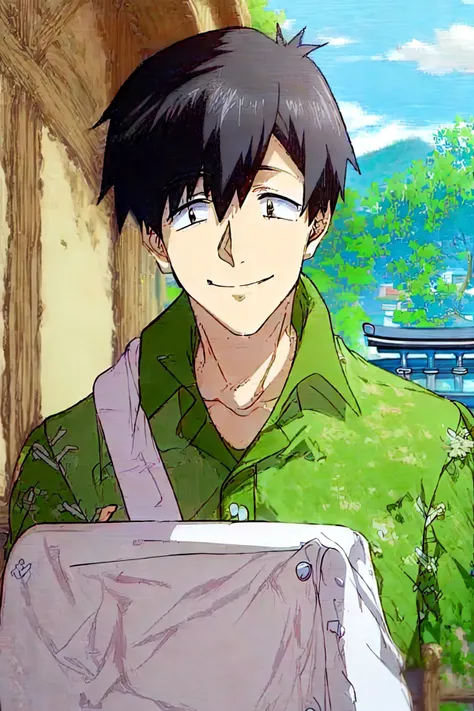 (masterpiece, best quality:1.43),(Kyoto Anime:1.351),details,1boy,solo,portrait,27-years-old male,light smile,short_hair,black_hair,black_eyes,solid_eyes,collared shirt,bag,outdoors,depth of field,<lora:add_detail:1>,mukohda,<lora:Mukohda V5:1>,