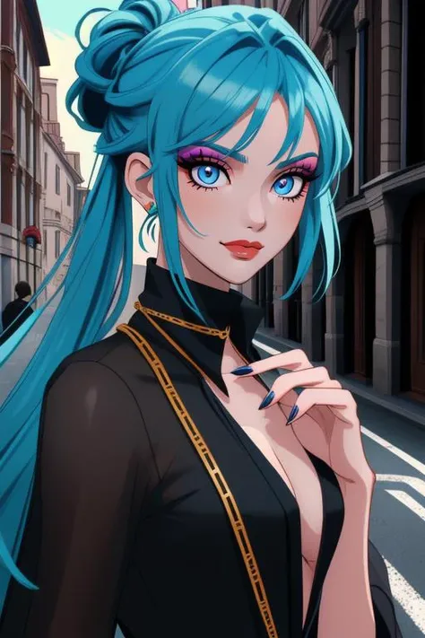 ((masterpiece)),(illustration),best quality,delicate details,refined rendering,Anime style,extremely detailed CG unity 8k wallpaper,toon style,((Guido Daniele)),hard lighting,shadow,on the street,(portrait:1.35),
1girl,(solo:1.4),slim,thin,adult,model,well-proportioned hands,eyeliner,eyelashes,eyeshadow,makeup,random_color_nail_polish,(Fashionable Dressing:1.35),(Fashionable catwalk poses:1.35),Electric blue Hair,half updo,hair intakes,asymmetrical Haircut,global illuminations,shadow,glowing nails,Kind Smile