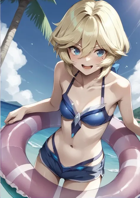 carolgear,1girl, bikini, bikini shorts, blonde hair, blue bikini, blue eyes, blush, border, breasts, collarbone, innertube, looking at viewer, mole, mole under eye, navel, open mouth, palm tree, ponytail, short hair, shorts, small breasts, smile, solo, swim ring, swimsuit, teeth, tree, upper teeth only, <lora:CarolGear symph 05:1>, score_9, score_8_up, score_7_up, score_6_up, score_5_up, score_4_up, BREAK source_anime, masterpiece