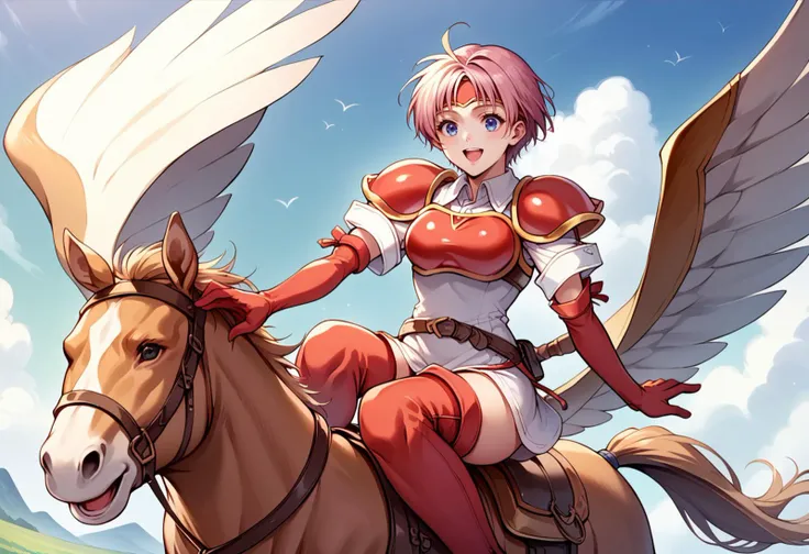 score_9, score_8_up, score_7_up, source_anime, BREAK 1girl, smile, open mouth, horseback riding, flying horse, <lora:MarciaFE-pdxl:1> defMarcia, short hair, white tunic, collared shirt, short sleeves, red armor, breastplate, medium breasts, headband, shoulder armor, red elbow gloves, belt, thigh boots, sky, clouds