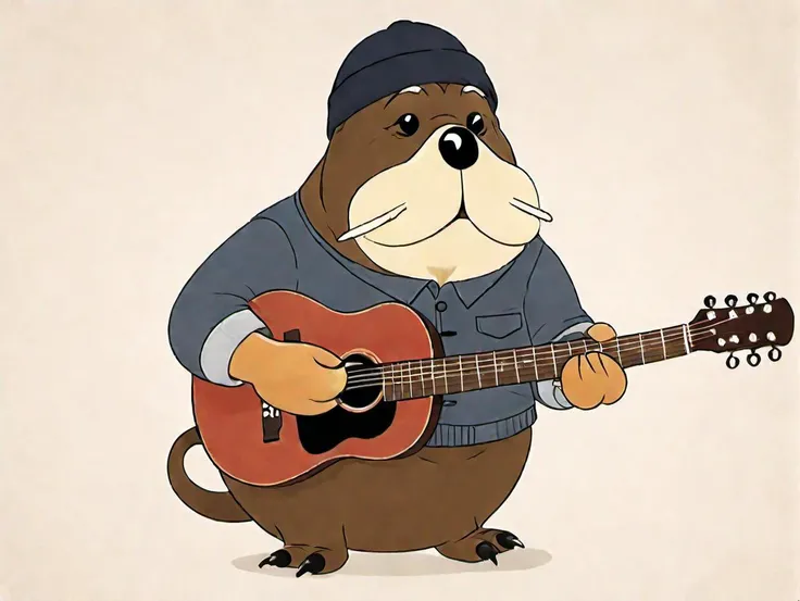 cartoon animation art depicting a walrus in a knit cap playing an oversized acoustic guitar as a flat colored portrait, simple colors and thick outlines, viewed from the side <lora:sdxl_lora_cuphead.v1.1:1> <lora:TatsuroYamashita:.8>