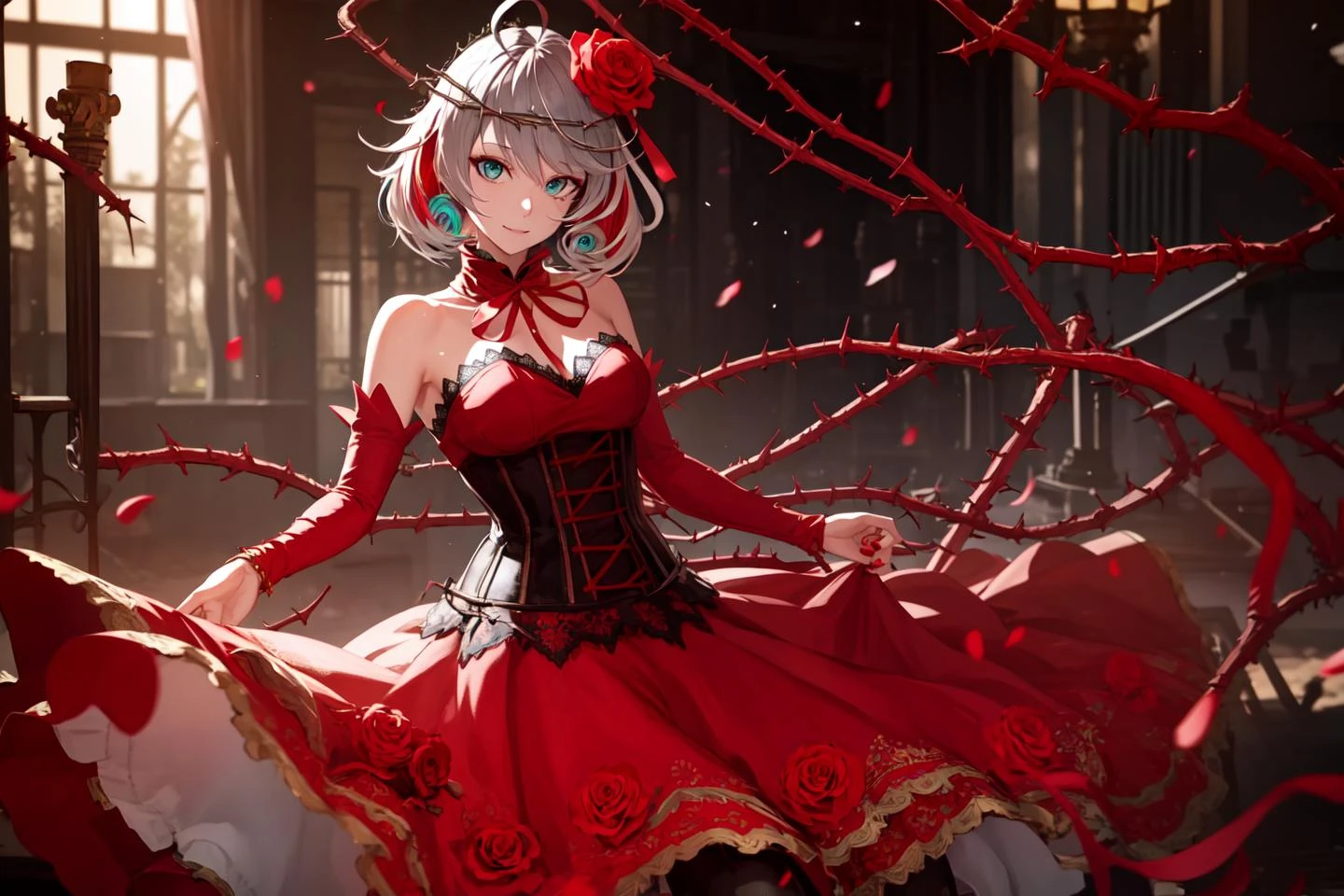 destiny (takt op.), cowboy shot,
(1girl, solo),
(aqua eyes, eye reflection), (ahoge, colored inner hair, multicolored hair, grey hair, red hair, two-tone hair),
neck ribbon, crown of thorns, thorns, (red cape, dress flower), detached sleeves, hair flower, hair ornament, long sleeves, black corset, long skirt, red dress, rose, strapless dress, long skirt, thighhighs, thighlet, red nails, dress flower, black thighhighs,
(masterpiece, best quality, ultra-detailed), (realistic:1.4), (beautiful detailed face, beautiful detailed eyes, volumetric lighting),
mksks style, beautiful background, orchestra, indoors,