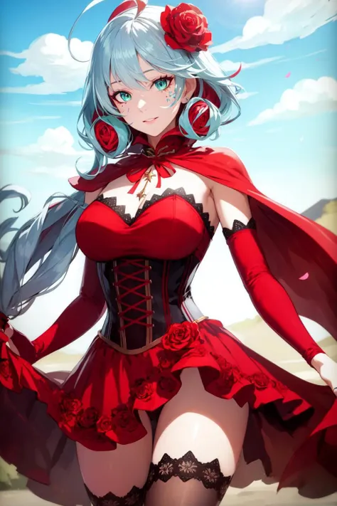 destiny (takt op.), cowboy shot,
1girl, solo,
colored inner hair, aqua eyes, yellow eyes, multicolored hair, grey hair, red hair, two-tone hair, stars facial mark /(symbol/), ahoge,
hair vines, (red cape, dress flower), detached sleeves, hair flower, hair ornament, long sleeves, black corset, long skirt, red dress, rose, strapless dress, long skirt, thighhighs, thighlet, red nails, dress flower, black thighhighs,
(masterpiece, best quality, ultra-detailed), (realistic:1.4), (beautiful detailed face, beautiful detailed eyes, volumetric lighting),
mksks style, beautiful background, orchestra,