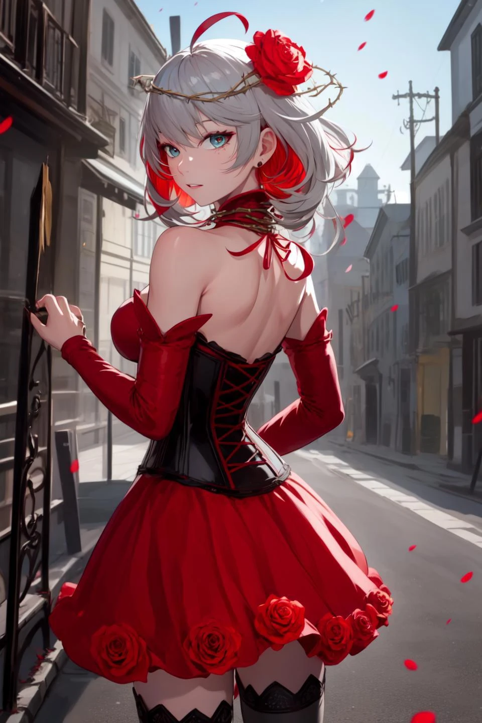destiny /(takt op./), cowboy shot, (looking back:1.3),
(1girl, solo:1.1), hands on hips,
( jewel eye, eye reflection), (ahoge, colored inner hair, multicolored hair, grey hair, red hair, two-tone hair),
neck ribbon, crown of thorns, thorns, (red cape, dress flower), detached sleeves, hair flower, hair ornament, long sleeves, black corset, long skirt, red dress, rose, strapless dress, long skirt, thighhighs, thighlet, dress flower, black thighhighs,
(masterpiece, best quality, ultra-detailed), (realistic:1.4), (beautiful detailed face, beautiful detailed eyes, volumetric lighting),
mksks style, beautiful background, outdoors,
