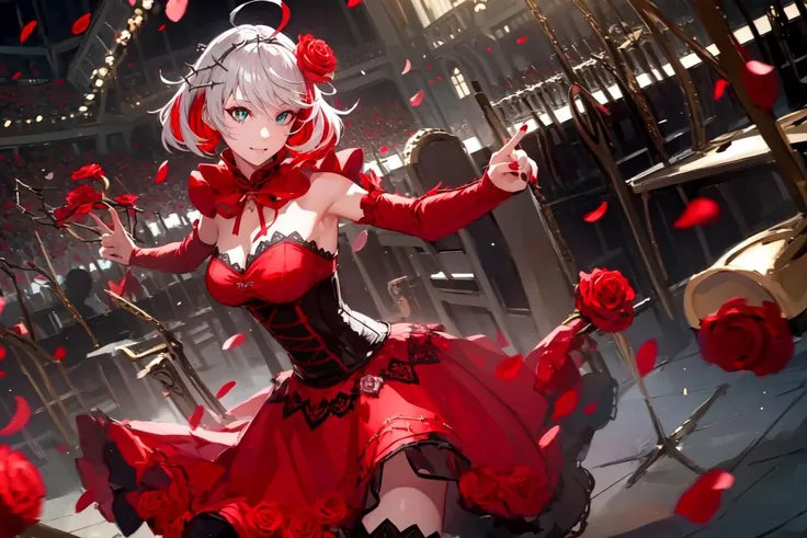 destiny (takt op.), cowboy shot,
(1girl, solo:1.5),
( jewel eye, eye reflection), (ahoge, colored inner hair, multicolored hair, grey hair, red hair, two-tone hair),
neck ribbon, crown of thorns, thorns, (red cape, dress flower), detached sleeves, hair flower, hair ornament, long sleeves, black corset, long skirt, red dress, rose, strapless dress, long skirt, thighhighs, thighlet, red nails, dress flower, black thighhighs,
(masterpiece, best quality, ultra-detailed), (realistic:1.4), (beautiful detailed face, beautiful detailed eyes, volumetric lighting),
mksks style, beautiful background, orchestra, indoors, concert,