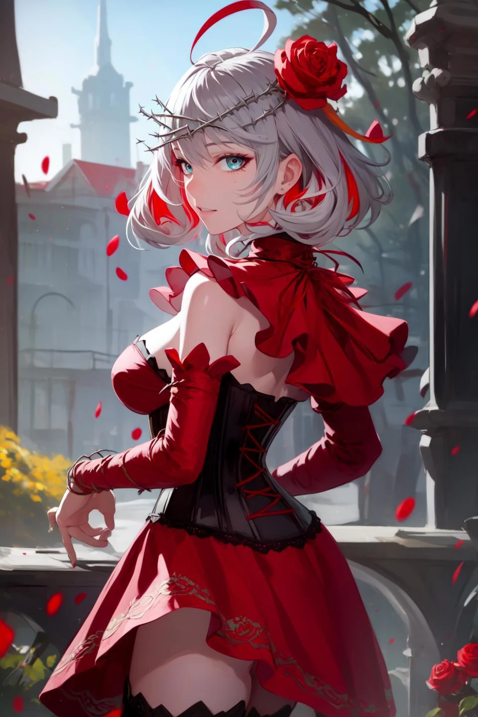 destiny /(takt op./), cowboy shot, (looking back:1.3),
(1girl, solo:1.1), hands on hips,
( jewel eye, eye reflection), (ahoge, colored inner hair, multicolored hair, grey hair, red hair, two-tone hair),
neck ribbon, crown of thorns, thorns, (red cape, dress flower), detached sleeves, hair flower, hair ornament, long sleeves, black corset, long skirt, red dress, rose, strapless dress, long skirt, thighhighs, thighlet, dress flower, black thighhighs,
(masterpiece, best quality, ultra-detailed), (realistic:1.4), (beautiful detailed face, beautiful detailed eyes, volumetric lighting),
mksks style, beautiful background, outdoors,