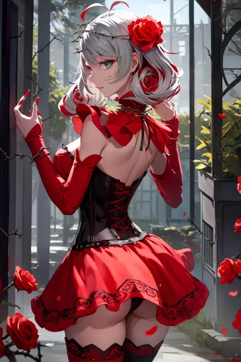 destiny /(takt op./), cowboy shot, (looking back:1.3),
(1girl, solo:1.1),
( jewel eye, eye reflection), (ahoge, colored inner hair, multicolored hair, grey hair, red hair, two-tone hair),
neck ribbon, crown of thorns, thorns, (red cape, dress flower), detached sleeves, hair flower, hair ornament, long sleeves, black corset, long skirt, red dress, rose, strapless dress, long skirt, thighhighs, thighlet, red nails, dress flower, black thighhighs,
(masterpiece, best quality, ultra-detailed), (realistic:1.4), (beautiful detailed face, beautiful detailed eyes, volumetric lighting),
mksks style, beautiful background, outdoors,