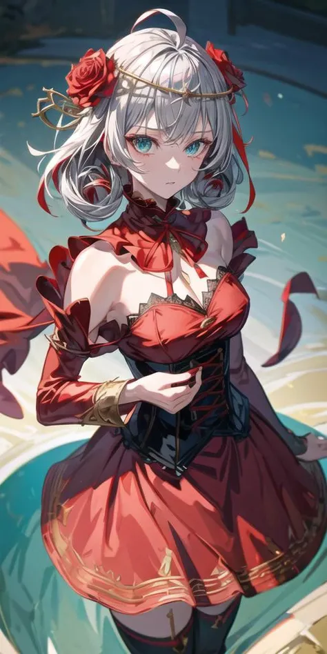 (masterpiece), (best quality), (ultra-detailed),(best shadow), (detailed background),high contrast, (best illumination), (extremely delicate and beautiful), ( (cinematic light)),colorful,hyper detail,dramatic light, intricate details, mksks style ,1girl, full body, innocent, cute, whole body in frame, (aqua eyes, eye reflection), ahoge, (colored inner hair),( multicolored hair), (grey hair, red hair, two-tone hair), neck ribbon, crown of thorns, thorns, (red cape, dress flower),long dress, detached sleeves, hair flower, hair ornament, long sleeves, black corset, long skirt, red dress, rose, strapless dress, long skirt, thighhighs, thighlet, dress flower, black thighhighs, (destiny takt op.), <lora:Takt op Symphonica - Destiny V2 @ destiny (takt op)-000007:0.8>, <lora:add_detail:1>