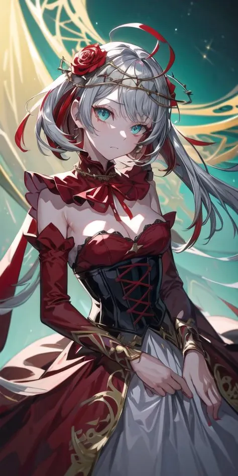 (masterpiece), (best quality), (ultra-detailed),(best shadow), (detailed background),high contrast, (best illumination), (extremely delicate and beautiful), ( (cinematic light)),colorful,hyper detail,dramatic light, intricate details, mksks style ,1girl, full body, innocent, cute, whole body in frame, (aqua eyes, eye reflection), ahoge, (colored inner hair),( multicolored hair), (grey hair, red hair, two-tone hair), neck ribbon, crown of thorns, thorns, (red cape, dress flower), long dress, detached sleeves, hair flower, hair ornament, (long sleeves : 1.2), black corset, long skirt, red dress, rose, strapless dress, long skirt, dress flower, black thighhighs, (destiny takt op.), <lora:Takt op Symphonica - Destiny V2 @ destiny (takt op)-000007:0.8>, <lora:add_detail:1>