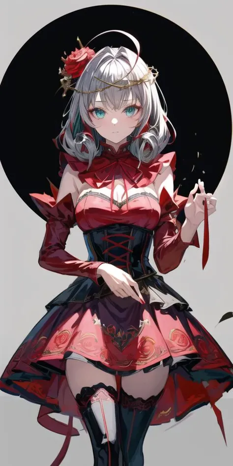(masterpiece), (best quality), (ultra-detailed),(best shadow), (detailed background),high contrast, (best illumination), (extremely delicate and beautiful), ( (cinematic light)),colorful,hyper detail,dramatic light, intricate details, mksks style ,1girl, full body, innocent, cute, whole body in frame, (aqua eyes, eye reflection), ahoge, (colored inner hair),( multicolored hair), (grey hair, red hair, two-tone hair), neck ribbon, crown of thorns, thorns, (red cape, dress flower),long dress, detached sleeves, hair flower, hair ornament, long sleeves, black corset, long skirt, red dress, rose, strapless dress, long skirt, thighhighs, thighlet, dress flower, black thighhighs, (destiny takt op.), <lora:Takt op Symphonica - Destiny V2 @ destiny (takt op)-000007:0.8>,  <lora:add_detail:1>