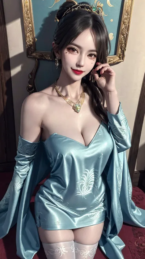 detailed skin texture, detailed cloth texture, beautifully detailed face, masterpiece, best quality, ultra detailed, 8k, intricate details, best quality, 1girl, bangs, bare_shoulders, black_hair, ancient china background, big breasts, thin, cape, cleavage, collarbone, green dress with patterns,full body, ultra realistic 8k cg, epic, (royal palace), royal, ((rich, prestige)), perfect artwork, masterpiece, picture-perfect face, perfect face, beautiful face, ((perfect female body)), charming, seductive, erotic, alluring, enchanting, mature female, narrow waist, gorgeous goddess, deity, divine queen, absurdly long hair, black hair, gloves, hair_bun, hair_ornament, hair_stick, jewelry, one mole under eye, necklace, smile, solo, thighhighs,glowing eyes, piercing eyes, looking at viewer, ((intricate detail, delicate pattern)), science fiction, jewelry, gem, gold, diamond, <lora:hipoly3DModelLora_v10:0.4>, (hiqcgbody:0.4), (hiqcgface:0.4), full-body shot, <lora:fashionGirl_v50:0.4>,  <lora:stLouisLuxuriousWheels_v1:0.4>,  <lora:punishingGreyRaven_luna:0.4>,<lora:mikuya_v15 (1):0.4> ,<lora:koreanDollLikeness:0.4>