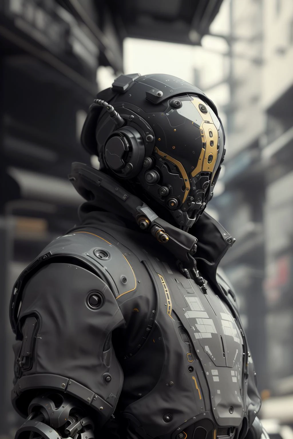 ((best quality)), ((masterpiece:1.2)), (8k, high quality, cinematic, hyper realistic, illustration), (autodesk maya, vray render, ray tracing, hdr), (DSLR, full frame, 16mm focal length, f/4 aperture, dynamic perspective, deep depth of field), (A black and gold, humanoid bounty hunter, clad in a reinforced exoskeleton and adaptive techwear, stalking their prey through the dark, neon-lit alleyways of a cyberpunk city), <lora:mshn:0.35> (mshn robot:0.55, mshn:0.25), <hypernet:dr0ne:0.55> (subdivision, cyber muscle, angular design, mechanical, carbon-fiber, high-tech, pistons, robotic frame, metal joints, rubber cables), <hypernet:LuisapSciFiHard:0.25> (scifi, hard surface, armor, metal bolts, robotic, industrial, structures, sub-d), <lora:urbanSamuraiClothing:0.25> (urbansamurai, techwear), <lora:hipoly3DModelLora:0.25> (CGI, 3D, realistic), <lora:epiNoiseoffset:0.5> (bloom, rim lighting, studio lighting, soft lighting, low key), <lora:cyberhelmetWearable:0.5> (cyberhelmet:0.25, glowing robotic eyes, full of battlegear)