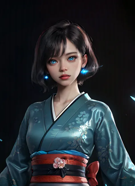 (masterpiece, best quality:1.2), (best quality, masterpiece), 3d, 1girl, (extremely detailed CG unity 8k wallpaper, masterpiece, best quality, ultra-detailed), (best illumination, best shadow, an extremely delicate and beautiful), beautiful detailed, colourful, finely detailed, dramatic light, intricate detail, kimono, cool, japanese aesthetic, short hair, tomboy, upper body, black background, black hair, intimidating, glowing eye, looking at viewer, potrait pose, <lora:hipoly3DModelLora_v10:0.8>