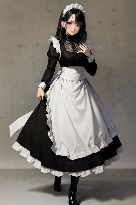 (masterpiece, 4k ,ultra detailed:1.2),(beautiful face:1.2),(anime:1.2),illustration,
(solo:1.2),
(teasing smile:1),
(looking at viewer:1.4),fullbody,(hip level shot:1.2),

(standing:1.2),(supermodel:1.4),

(simple background:1.4),
(holding skirt:1.6),

(gothic maid,maid apron,long sleeve,long skirt,boots:1.4),(lace trim,frilled:1.6),
(black hair),(medium length hair),
(wide_hips:1),(milf,mature,35 years old:1.2),

<lora:hipoly3DModelLora_v20:0.2>,
<lora:Cnbeauty4_v1:0.4>,