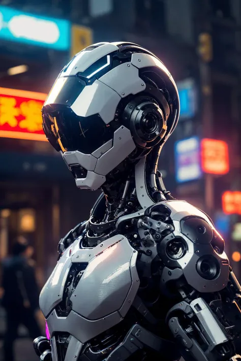 ((best quality)), ((masterpiece:1.2)), (extremely detailed:1.1), (8k, high quality, cinematic, hyper realistic, illustration) <lora:epiNoiseoffset:0.3> (rim lighting) <lora:urbanSamuraiClothing:0.3> (urbansamurai, techwear) <lora:hipoly3DModelLora:0.25> (CG, 3D, realistic), <lora:cyberhelmetWearable:0.25> (cyberhelmet), Cybernetic samurai, sleek metallic armor with intricate engravings, glowing energy lines coursing through the body, a plasma katana emitting a humming sound, facial features obscured by a high-tech visor. Rain-soaked streets, neon signs reflecting off puddles, bustling crowds wearing futuristic attire, towering holograms advertising the latest technology, an undercurrent of tension and danger <hypernet:dr0ne:0.75> (mechanical design, carbon-fiber, high-tech, exoskeletal) , <lora:mshn:0.1> mshn robot