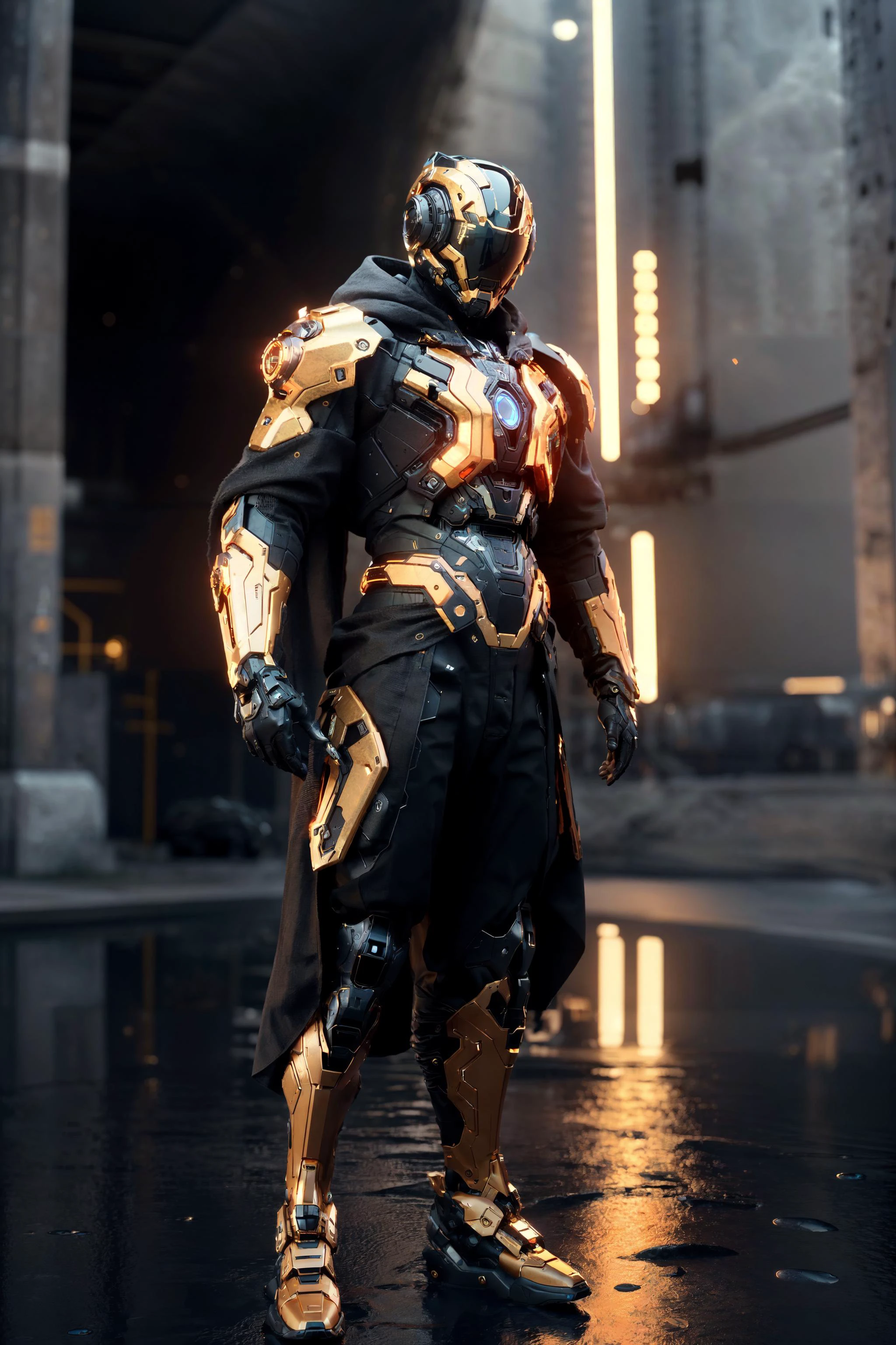 (full body, (dynamic pose), action pose), <the subject is a female/male android humanoid, in a flowing torn thick cloth cloak, dark orange metallic armor, wielding an obsidian blade, featuring hard surface designs in their gear>,<the scene is an advanced civilization, with towering structures in the background, immersed in the beautiful lights, the cityscape is a fully detailed environment>, (rim lighting, studio lighting, distant moon light, night, bloom), (cinematic, best quality, masterpiece, ultra HD textures, highly detailed, hyper realistic, intricate detail, 8k, photorealistic, concept art, matte painting, autodesk maya, vray render, ray tracing, hdr), (dslr, full frame, 16mm focal length, f/8 aperture, dynamic perspective, dynamic angle, golden ratio, wide photography, wide field of view, deep depth of field, zoom out) <lora:epiNoiseoffset:0.3> <lora:urbanSamuraiClothing:0.25> techwear, urbansamurai <lora:3dCGStyleRealistic:0.2> <lora:hipoly3DModelLora:0.2>3d, realistic <lora:cyberhelmetWearable:0.45> cyborg in a cyberhelmet head <hypernet:dr0ne:0.15> <hypernet:sxzBloom_sxzBloom:0.2> <hypernet:LuisapSciFiHard:0.1>