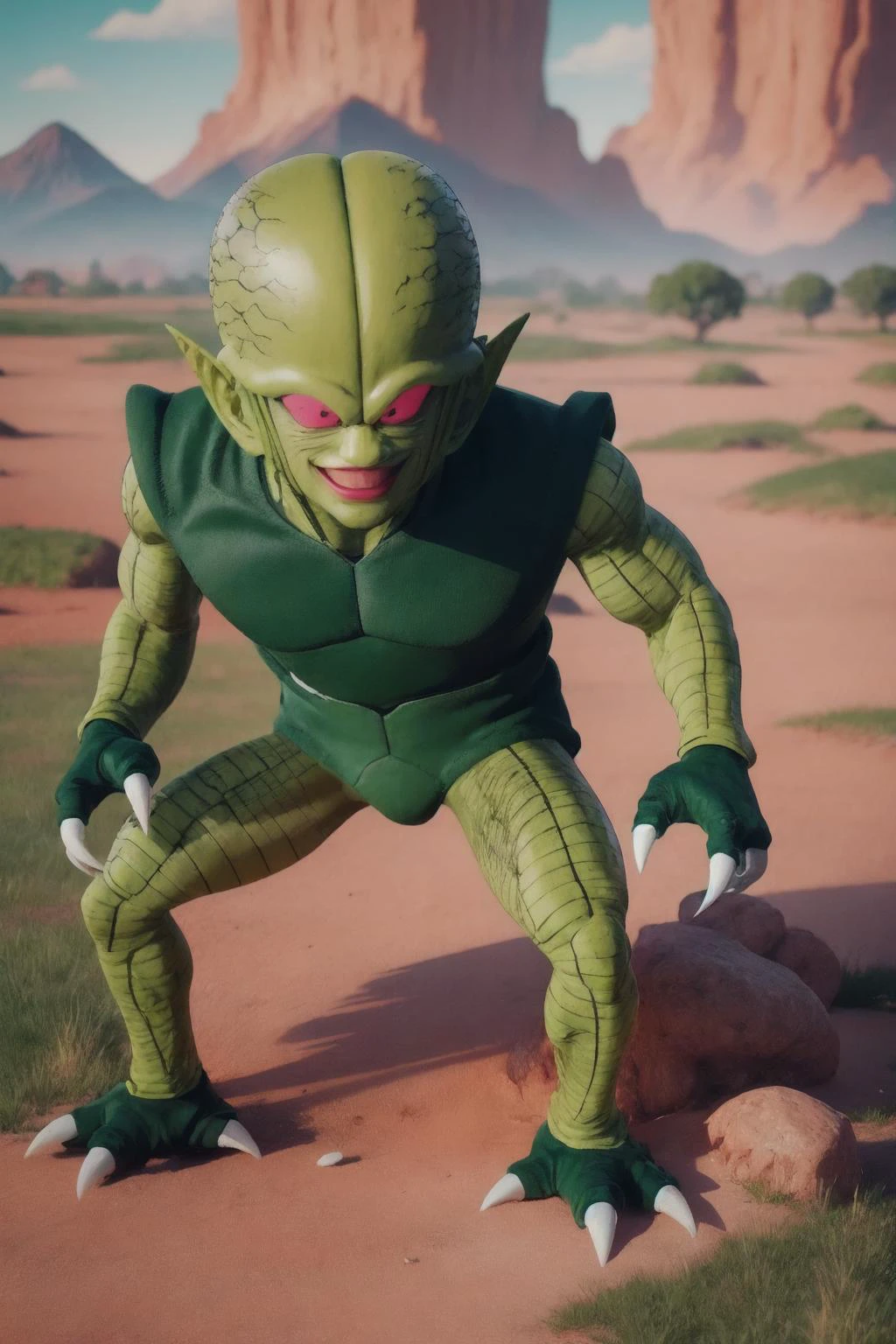 <lora:saibaimen_v1:1> saibaimen, alien,solo, green torso, light green skin,pink sclera,black eyes, full body,evil smile, white claws,claws,bald,looking at viewer, grass, blue sky,mountain, (best quality, masterpiece,realistic, photorealistic) <lora:hipoly_3dcg_v7-epoch-000012:0.5>