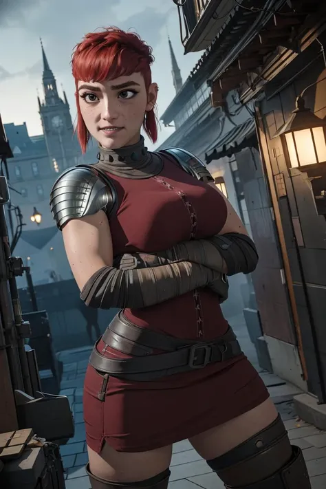 Hyperrealistic, Masterpiece, Volumetric Lighting, Subsurface Scattering, volumetric lighting, tonemapping, sharp focus, Photorealistic, anime style, volumetric lighting, best quality, intricate details, tonemapping, sharp focus, hyper detailed, absurdres, highres, extremely fine full body professional photograph of Nimona, short red hair, freckles, sidelocks,black eyes, evil grin:1.2, red wings on upper back:1.2, NimSuit, ear piercing,armor,bandages,gloves ,dress,brown footwear, extremely detailed face:0.9, extremely detailed sharp teeth:1.2, extremely detailed lips:0.9, extremely detailed eyes:0.9, extremely detailed body:0.9, solo:1.2, (black eyes:1.2), extremely detailed arms:0.9, extremely detailed hands:1.5, extremely detailed firm round ass:0.9, extremely detailed legs:0.9, extremely detailed feet:0.9, extremely detailed firm breasts:0.9, high quality photography, Canon EOS R3, highly detailed, front view:1.2, facing towards viewer:1.2, standing, outdoors:1.2, dystopian, gothic and cyberpunk city:1.2, city square, night,night time:1.4, otherworldly ethereal sky:1.5, "moon looks like a skull", <lora:Nimona-10 v3:0.8> <lora:hipoly_3dcg_v7-epoch-000012:0.2>,