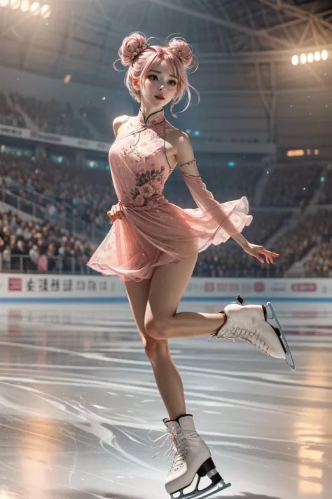(Highest picture quality), (ultra-detailed), (sharp focus), (close-up), (depth of field), RAW, realistic, (colorful, vivid colors), (masterpiece), (best quality), photorealistic, absurdres, (highres), (intricate details), (maximum details), (delicate), BREAK, (1girl), solo, looking at viewer, 20 years old, (face focus, eye focus, detailed eyelash, detailed skin, detailed face, detailed intricate iris, nice hands, perfect hands, perfect anatomy, detailed anatomy, human anatomy, golden ratio:1.3), (hand of Guido Daniele:1.4), BREAK, (beautiful detailed glow), (cinematic lighting:1.2), (rim lighting:1.3), (two tone lighting:1.3), (reflection, refraction:1.3), (Rembrandt lighting:1.4), (Rule of thirds:1.1), (light play, shadow play:1.1), (glamour photography, cinematic, film grai, anime aesthetic), (diffused lighting, bokeh, lens flare, light particles:1.2), (dynamic lighting:1.2), ray tracing, volumetric lighting, (dramatic lighting), (explosive light and shadow:1.2), (Dynamic Pose, Dynamic Angle:1.3), (moody lighting), the_best_light, BREAK, (((full body))), (((jumping in air))), (((falling and jumping))), (((flying spin))), (((spiral lines))), ((dancing on grand ice skating exhibition)), (((raise leg))), (((raise skates))), (pink pantyhose, pink see-through legwear, pink skates:1.3), (((raise arm))), (dark pink see through floral print lace qipao:1.4), ((detached sleeves)), countless crowd, wind, night, ribbon, high neck, collar, enjoy, smile, shy, blush, (((petite figure))), ((hair flows upwards)), (face towards the sky), (pink hair, double bun, short hair, braided hair rings:1.4), blue eyes, high detailed background, (pink theme:1.1), (pink tone:1.1), (energy particles pink:1.3), magic, ice shard, ice, snow flakes, (dynamic action:1.3), (pink energy light emanates from the body:1.4), (colorful spotlights:1.3), (glowing), (full body View, full body shot:1.3), (annoyed, open mouth:1.3), (Perspective), (motion blur, blurry, blurry foreground, blurry background), (skinny, thin, narrow waist, large breasts:1.2), (soft light passing through hair, light patterns on skin:1.1), BREAK, <lora:GoodHands-beta2:1>, <lora:neg4all_bdsqlsz_V3.5:1>, <lora:epiNoiseoffset_v2-pynoise:2>, <lora:add_detail:0.4>, <lora:more_details:0.4>, <lora:makina69_winter_v2.0.ß1:0.3>, <lora:nevon:0.2>, <lora:hipoly_3dcg_v7-epoch-000012:0.2>, <lora:egyiren-v1:0.3>, egyiren, <lora:mmabelzz-04:0.2>, <lora:girllikeflyingspin:0.8>
