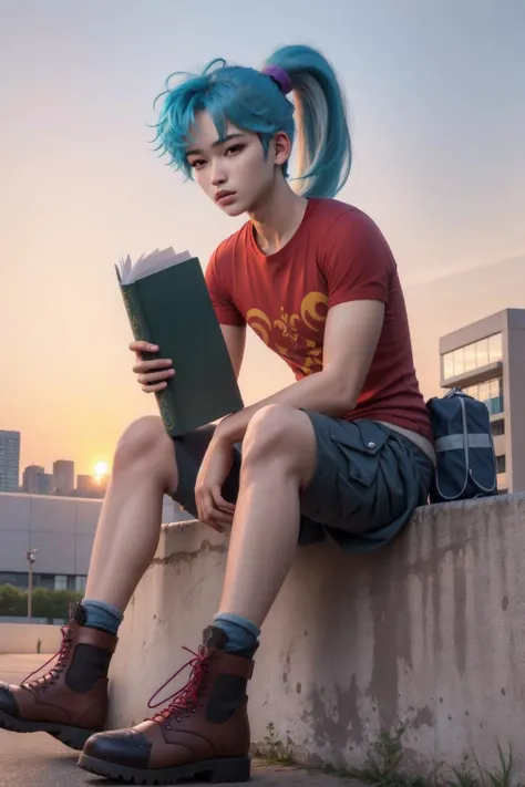 meru, 1boy, long hair, blue hair, ponytail,red eyes,(red t-shirt:1.3),(white cargo shorts:1.2), sitting outside of a library holding a book,city, sunset,stubble, (best quality, masterpiece) <lora:meru_v1:1> <lora:hipoly_3dcg_v7-epoch-000012:0.5>