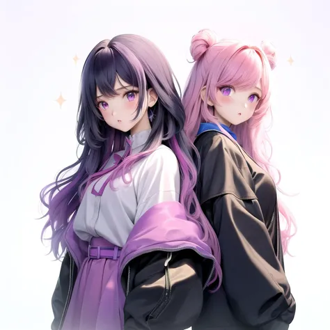 2girls, <lora:é¢å®:0.6> <lora:hipoly_3dcg_v7-epoch-000012:0.7>, (girl1 gradient pink blue wavy hair, (girl2 gradient purple black short wavy hair)), <lora:beautiful detailed eyes:1>, deep blue high detailed eyes, anime, soft style, sparkling background