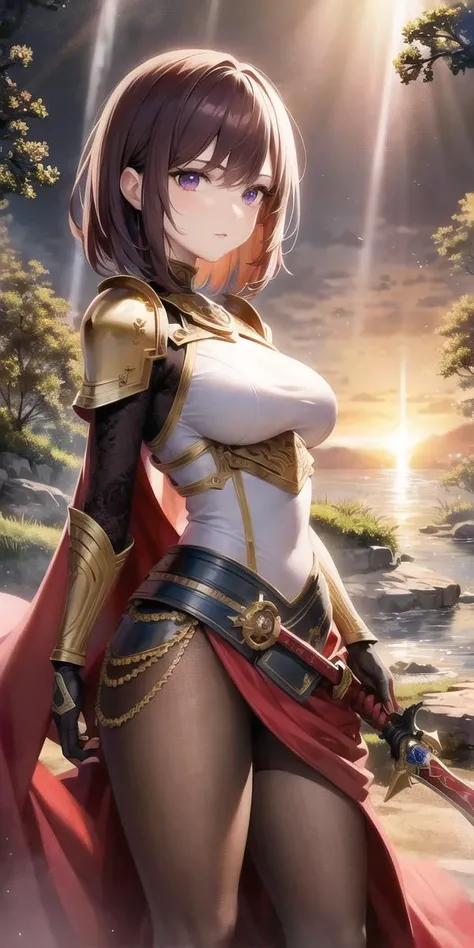 masterpiece, best quality, hyperrealistic, fine art painting of 25 years old girl, beautiful detailed eyes, perfect face, beautiful detailed face, amazing sharp focus, ultra detailed, soft skin, short hair, chestnut hair, purple eyes, athletic body, skinny, small breast, wearing steel armor costume, wide red cloak with floral pattern, holding a majestic heavy sword, high detailed, sun flare, moaning, fantasy dark forest, elaborate background, creek, <lora:style_hipoly3DModelLora_v10:0.3>