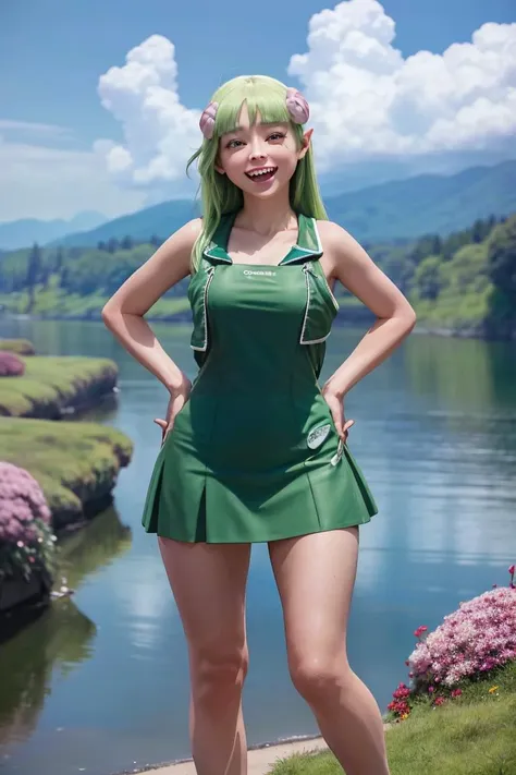 (best quality, masterpiece, colorful, dynamic angle, highest detailed, hyper realistic, intricate detailed, absurdres, realistic anime), upper body professional photo, fashion photography of <lora:VClara:1>, VClara, 1girl, solo, full body:1.2, demon, long green hair, luminous green eyes:1.2, extremely detailed sharp teeth:1.2, extremely detailed sharp demon teeth:1.2, smiling, dynamic expression, expression happy, (extremely detailed red tail:1), extremely detailed face:0.9, extremely detailed body:0.9, extremely detailed arms:0.9, extremely detailed hands:1.2, extremely detailed legs:0.9, extremely detailed limbs, perfect anatomy, (high resolution textures), cleavage, cloud, cloudy sky, day, horizon, island, knees together feet apart, lake, mountain, ocean, iridescent green one-piece swimsuit with green skirt, (intricate details, hyperdetailed:1.15), front view, facing viewer,  dynamic pose, hands on hips, (official art, extreme detailed, highest detailed), <lora:hipoly_3dcg_v7-epoch-000012:0.5>,