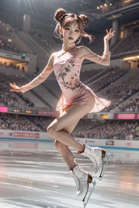 (Highest picture quality), (ultra-detailed), (sharp focus), (close-up), (depth of field), RAW, realistic, (colorful, vivid colors), (masterpiece), (best quality), photorealistic, absurdres, (highres), (intricate details), (maximum details), (delicate), BREAK, (1girl), solo, looking at viewer, 20 years old, (face focus, eye focus, detailed eyelash, detailed skin, detailed face, detailed intricate iris, nice hands, perfect hands, perfect anatomy, detailed anatomy, human anatomy, golden ratio:1.3), (hand of Guido Daniele:1.4), BREAK, (beautiful detailed glow), (cinematic lighting:1.2), (rim lighting:1.3), (two tone lighting:1.3), (reflection, refraction:1.3), (Rembrandt lighting:1.4), (Rule of thirds:1.1), (light play, shadow play:1.1), (glamour photography, cinematic, film grai, anime aesthetic), (diffused lighting, bokeh, lens flare, light particles:1.2), (dynamic lighting:1.2), ray tracing, volumetric lighting, (dramatic lighting), (explosive light and shadow:1.2), (Dynamic Pose, Dynamic Angle:1.3), (moody lighting), the_best_light, BREAK, (((full body))), (((jumping in air))), (((falling and jumping))), (((flying spin))), (((spiral lines))), ((dancing on grand ice skating exhibition)), (((raise leg))), (((raise skates))), (pink pantyhose, pink see-through legwear, pink skates:1.3), (((raise arm))), (dark pink see through floral print lace qipao:1.4), ((detached sleeves)), countless crowd, wind, night, ribbon, high neck, collar, enjoy, smile, shy, blush, (((petite figure))), ((hair flows upwards)), (face towards the sky), (pink hair, double bun, short hair, braided hair rings:1.4), blue eyes, high detailed background, (pink theme:1.1), (pink tone:1.1), (energy particles pink:1.3), magic, ice shard, ice, snow flakes, (dynamic action:1.3), (pink energy light emanates from the body:1.4), (colorful spotlights:1.3), (glowing), (full body View, full body shot:1.3), (annoyed, open mouth:1.3), (Perspective), (motion blur, blurry, blurry foreground, blurry background), (skinny, thin, narrow waist, large breasts:1.2), (soft light passing through hair, light patterns on skin:1.1), BREAK, <lora:GoodHands-beta2:1>, <lora:neg4all_bdsqlsz_V3.5:1>, <lora:epiNoiseoffset_v2-pynoise:2>, <lora:add_detail:0.4>, <lora:more_details:0.4>, <lora:makina69_winter_v2.0.ß1:0.3>, <lora:nevon:0.2>, <lora:hipoly_3dcg_v7-epoch-000012:0.2>, <lora:egyiren-v1:0.3>, egyiren, <lora:mmabelzz-04:0.2>, <lora:girllikeflyingspin:0.8>