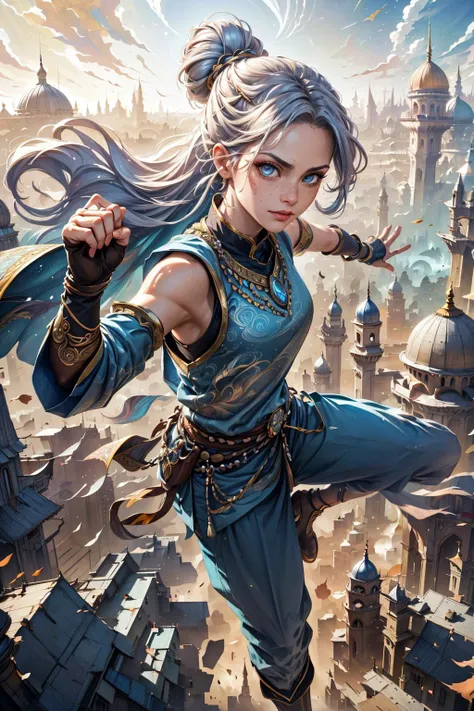 (masterpiece, best quality), <lora:add_detail_v5:1>, <lora:stylesqueeze_v1b:0.5>,
1 girl, adult italian woman, freckles, light blue eyes, silver updo hairstyle,
looking at viewer, solo, (full body:0.6), detailed background, detailed face, (<lora:1001ArabianNightsV3:0.6>, 1001ArabianNights theme:1.1), eastern, martial artist, dynamic pose, fighting stance, clenched fist, fingerless gloves, colorful elemental themed clothes, sleeveless fighter clothes, city view from above in background, depth of field, dynamic composition, mystical eastern medieval atmosphere,
<lora:hipoly3DModelLora_v10:0.1> <hypernet:sxzBloom_sxzBloom:0.1>,