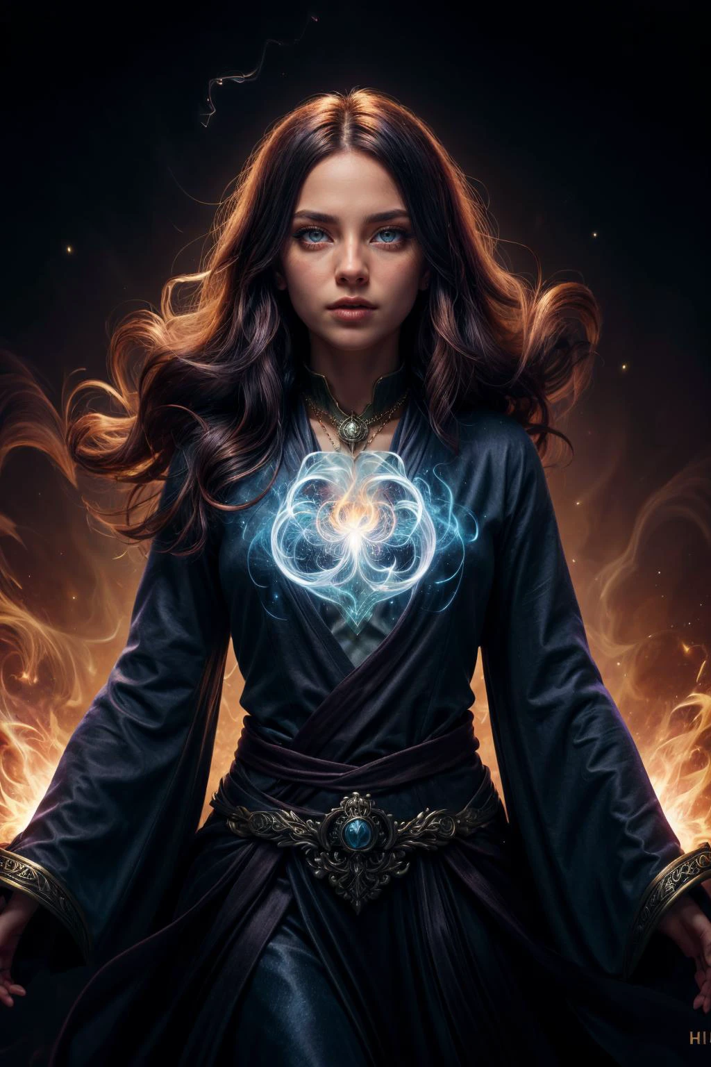 RAW photo, full sharp, (FullHD epic wallpaper) 8k uhd, dslr, soft lighting, high quality, film grain, Fujifilm XT3, <lora:more_details:0.75>, <lora:sharpen-soften:-0.4>,<lora:hipoly3DModelLora_v10:0.3> hiqcgbody,
1 girl, adult hungarian woman, red eyes, silver fringe hair,
(style-swirlmagic:1.0), portrait, looking up, solo, upper body, detailed background, (<lora:smoke_model:0.4>, smokestyle theme:1.1), glowing eyes, evil apprentice, ornate orange robe, ornate amulet, levitating, hair flowing in the wind, (black fire), enchanted knife, arcane spell, floating particles, particle effects, filtered light, explosion of colors in background,