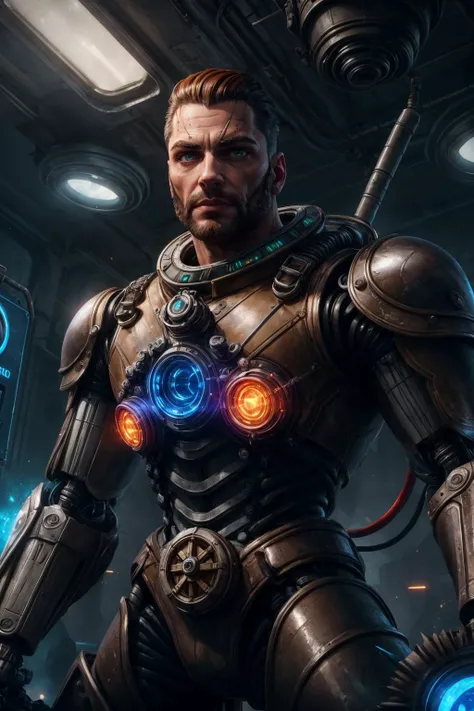 ray tracing z pass bright light from below, (masterpiece) (best quality) (detailed) (8k) (cinematic lighting) (sharp focus) (intricate) <lora:add_detail:1>,
(1man, muscular adult male:1.2), aquamarine eyes, chestnut hair, slick back,
cyborg portrait, looking at viewer, solo, upper body, detailed background, close up, detailed face, bioshock theme:1.1),|} futuristic shining adamantium armor, rectangular pattern, microchips, robotics, cybernetic implants, (small high-tech goggles:0.8), head-up display, dynamic pose, epic galactic space station in background, white lights, flashes of light, sparks, cinematic atmosphere,
<lora:hipoly3DModelLora_v10:0.1> <hypernet:sxzBloom_sxzBloom:0.1>,