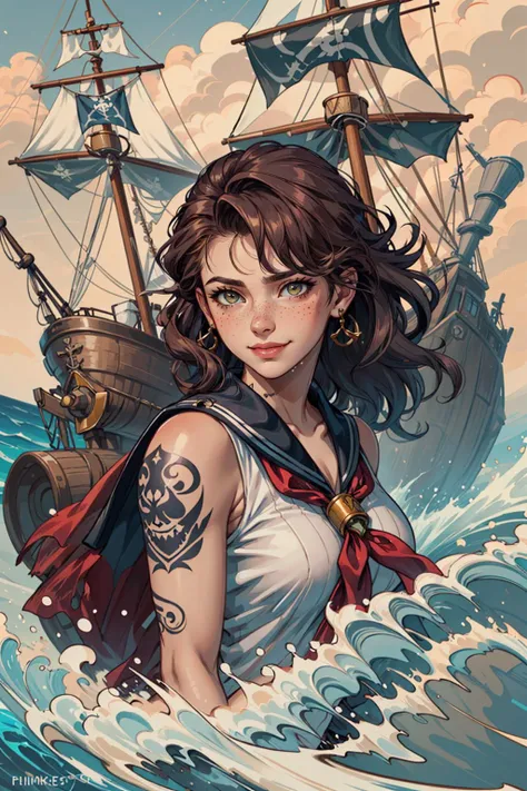 (inked original-art:1.2), (lineart:1.31), (fine-details:1.3), limited-palette, (movement:1.4), <lora:add_detail:0.5>
1 girl, adult woman, freckles, amber eyes, dark brown wavy hair,
<lora:CulturePunkBundle:0.3>, piratepunkai, realistic skin, character focus, portrait, freckles, looking down, solo, (full body:0.6), detailed background, greedy smile, sailor, elaborate privateer sailor outfit, tattoos, fantasy theme, high seas, wooden deck of a ship, black tattered sails, flames, gunpowder, flintlock pistol, pirate battle, dark storm, raining, tropical beach, pirate hideout, pier, docks, shacks, palm trees, sand, calm, sunlight, pirate tents, barrels in background, treasure, cannonballs,
<lora:hipoly3DModelLora_v10:0.1> <hypernet:sxzBloom_sxzBloom:0.1>,