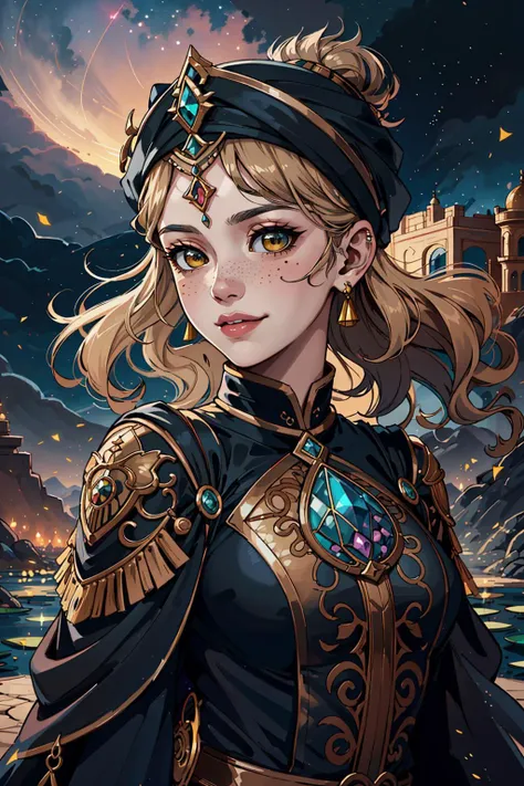 (inked original-art:1.2), (lineart:1.31), (fine-details:1.3), limited-palette, (movement:1.4),
1 girl, adult (elven:0.7) woman, freckles, hazel eyes, dark blonde sleek hair,
portrait, solo, (full body:0.6), looking down, detailed background, detailed face, (<lora:FiveDecorsAIx3:0.6> EbonyGoldAI theme:1.1) middle-eastern desert warrior, black andalusian garments, turban, walking, smirk, islamic culture, lotus pond in background, wind blowing, night sky, arid climate, fantasy atmosphere,
<lora:hipoly3DModelLora_v10:0.1> <hypernet:sxzBloom_sxzBloom:0.1>,