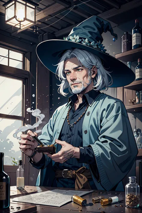 (inked original-art:1.2), (lineart:1.31), (fine-details:1.3), RAW-format, (movement:1.4),
(1man, old male:1.2), frail, aquamarine eyes, white hair, thin beard,
(style-swirlmagic:0.8), looking down, solo, (full body:0.6), detailed background, detailed face, (renaissance theme:1.1), light smile, shaman, wearing (light green:0.7) witch hat, armbands, rustic hut in the forest, indoors, cluttered dirty kitchen, candle, steaming iron cauldron, small boxes on shelves, small sacks, corked bottles, dried plants, mushrooms, vials, potions, beads, casting spell, (black:0.7) magic light, floating particles, dark sinister atmosphere, dim lighting
<lora:hipoly3DModelLora_v10:0.1> <hypernet:sxzBloom_sxzBloom:0.1>,