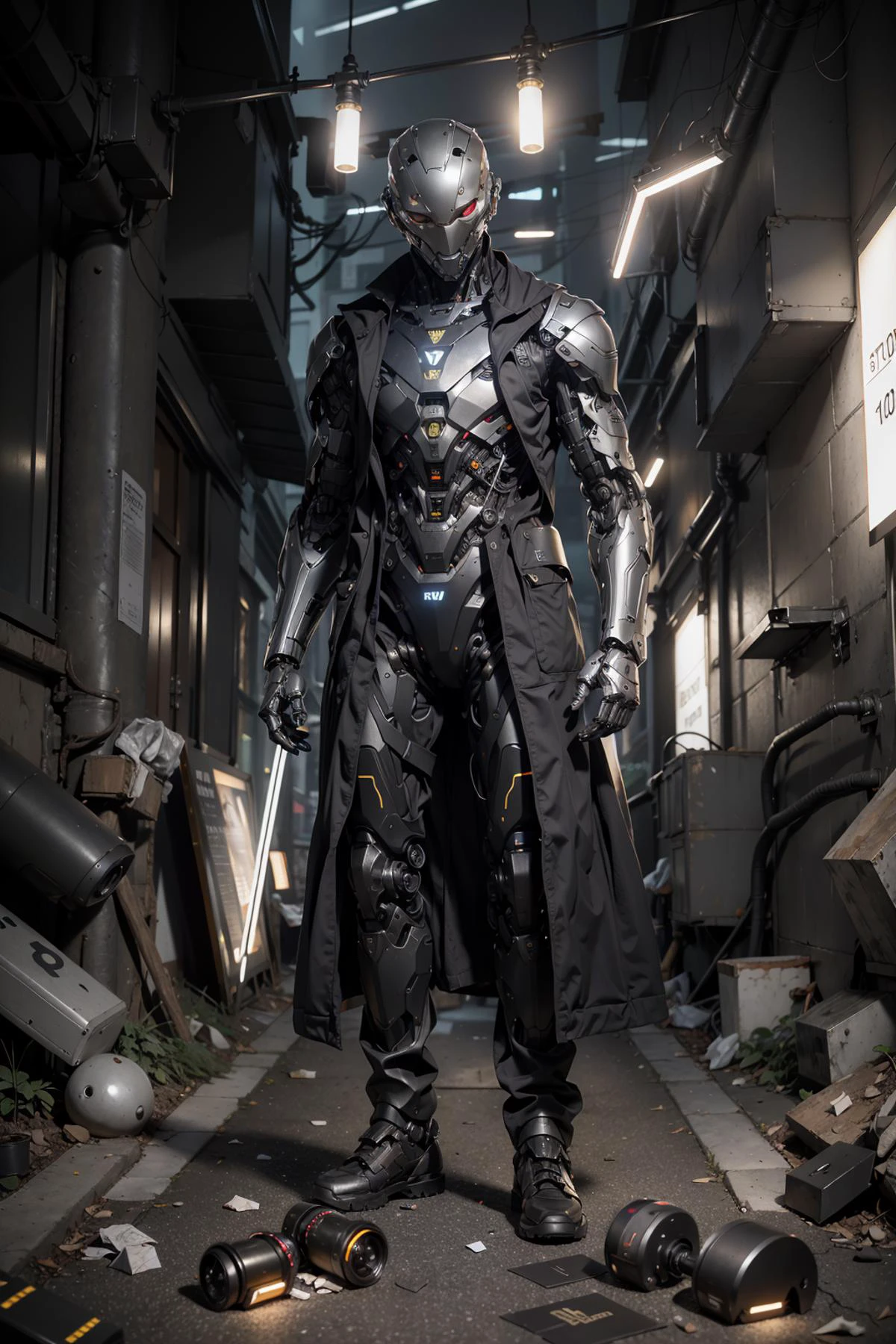NOUSR ROBOT:1.1, FULL BODY:1.6 (A black and gold, humanoid bounty hunter, clad in a reinforced exoskeleton and adaptive techwear, stalking their prey through the dark, neon-lit alleyways of a cyberpunk city), (mshn robot:0.55, mshn:0.25), <hypernet:dr0ne:0.85> (subdivision, cyber muscle, angular design, mechanical, carbon-fiber, high-tech, pistons, robotic frame, metal joints, rubber cables), <hypernet:LuisapSciFiHard:0.25> (scifi, hard surface, armor, metal bolts, robotic, industrial, structures, sub-d), (urbansamurai, techwear), (CGI, 3D, realistic), <lora:cyberhelmetWearable:0.35> a cyborg in a cyberhelmet head <lora:epiC35mm:1> epiC35mm <lora:Futuristicbot4:0.3> futobot, cyborg <lora:Futuristicbotv.2:0.3> futubot <lora:hiqcg_body_epoch:0.2> hiqcgbody, RAW candid cinema, 16mm, color graded portra 400 film, remarkable color, ultra realistic, textured skin, remarkable detailed pupils, realistic dull skin noise, visible skin detail, skin fuzz, dry skin, shot with cinematic camera, illustration, concept art, comic book, ArtStation, cinematic shot, photos taken by ARRI, photos taken by sony, photos taken by canon, photos taken by nikon, photos taken by sony, photos taken by hasselblad, incredibly detailed, sharpen, details, professional lighting, photography lighting, 50mm, 80mm, 100m, lightroom gallery, behance photographys, unsplash