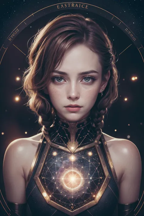 best quality,masterpiece,1 girl, adult (elven:0.7) woman, freckles, grey eyes, medium brown shaggy hair, ombre, (style-swirlmagic:0.8), portrait, solo, from front, front view, upper body, looking down, detailed background, detailed face, (<lora:ChronomancyAI:0.5>, ChronomancyAI, chronomancy theme:1.1), earth-wizard, geomancer, gem-like eyes, focusing, stone armor, mineral pendant, casting spell, levitating particles, crystals, earthen tendrils, emanating ethereal rocky energy, rockslide in background, backlighting, wind, updraft, vibrant color palette, cinematic atmosphere,,