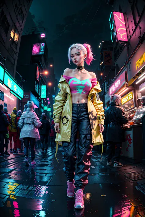 (masterpiece, 4k , ultra detailed:1.2), (anime:1.2), illustration, (realistic:1), (photorealistic:1), (solo:1.2), (walking:1), (panorama, perspective:1.4), (fisheye:1.2), (landscape, outdoor, cityscape, night, midnight, rooftop, cyberpunk, asphalt, rain, graffiti art, reflection, shop, kiosk, sidewalk, alleyway:1.2), (skyscraper, fog:1.4, ), (pedestrian, crowd, people:1.3), (neon sign, blue neon, pink neon, yellow neon:1.4), (off-shoulder neon trench coat, t-shirt, cargo pants, sneaker:1.3), (platinum white hair, ponytail:1.2), (supermodel:1.4), (various hair color), <lora:hipoly3DModelLora_v10:0.2>, <lora:japanesedolllikenessV1_v15:0.4>, <lora:flat2:-0.7>, <lora:neonLight_v10:0.2>, <lora:neonPaletteLora_offset:0.2>
