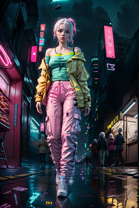 (masterpiece, 4k , ultra detailed:1.2), (anime:1.2), illustration, (realistic:1), (photorealistic:1), (solo:1.2), (walking:1), (panorama, perspective:1.4), (fisheye:1.2), (landscape, outdoor, cityscape, night, midnight, rooftop, cyberpunk, asphalt, rain, graffiti art, reflection, shop, kiosk, sidewalk, alleyway:1.2), (skyscraper, fog:1.4, ), (pedestrian, crowd, people:1.3), (neon sign, blue neon, pink neon, yellow neon:1.4), (off-shoulder neon trench coat, t-shirt, cargo pants, sneaker:1.3), (platinum white hair, ponytail:1.2), (supermodel:1.4), (various hair color), <lora:hipoly3DModelLora_v10:0.2>, <lora:japanesedolllikenessV1_v15:0.4>, <lora:flat2:-0.7>, <lora:neonLight_v10:0.2>, <lora:neonPaletteLora_offset:0.2>