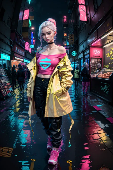 (masterpiece, 4k , ultra detailed:1.2), (anime:1.2), illustration, (realistic:1), (photorealistic:1), (solo:1.2), (walking:1), (panorama, perspective:1.4), (fisheye:1.2), (landscape, outdoor, cityscape, night, midnight, rooftop, cyberpunk, asphalt, rain, graffiti art, reflection, shop, kiosk, sidewalk, alleyway:1.2), (skyscraper, fog:1.4, ), (pedestrian, crowd, people:1.3), (neon sign, blue neon, pink neon, yellow neon:1.4), (off-shoulder neon trench coat, t-shirt, cargo pants, sneaker:1.3), (platinum white hair, ponytail:1.2), (supermodel:1.4), (various hair color), <lora:hipoly3DModelLora_v10:0.2>, <lora:japanesedolllikenessV1_v15:0.4>, <lora:flat2:-0.7>, <lora:neonLight_v10:0.2>, <lora:neonPaletteLora_offset:0.2>