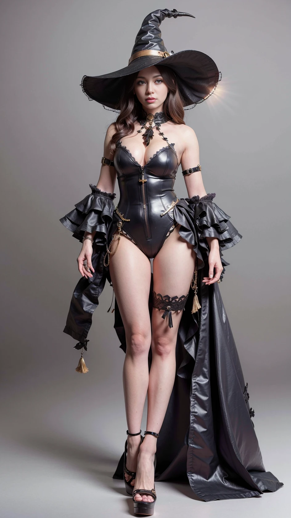 girl,photorealistic,best quality, ultra high res,extremely detailed eyes and face,full body,cosplay,witch,long legs,