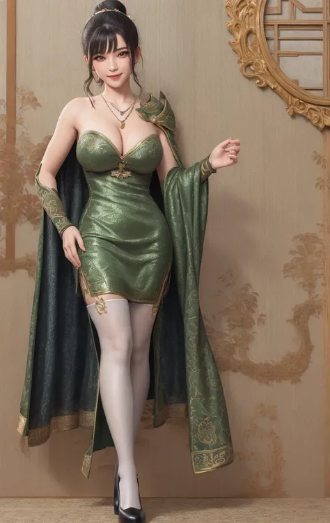 detailed skin texture, detailed cloth texture, beautifully detailed face, masterpiece, best quality, ultra detailed, 8k, intricate details, best quality, 1girl, bangs, bare_shoulders, black_hair, ancient china background, big breasts, thin, cape, cleavage, collarbone, green dress with patterns, gloves, hair_bun, hair_ornament, hair_stick, jewelry, one mole under eye, necklace, smile, solo, thighhighs, <lora:punishingGreyRaven_V20:0.5>, <lora:hipoly3DModelLora_v10:0.5>, (hiqcgbody:0.5), (hiqcgface:0.5), <lora:stLouisLuxuriousWheels_v1:0.4>, full-body shot, <lora:fashionGirl_v35:0.5>