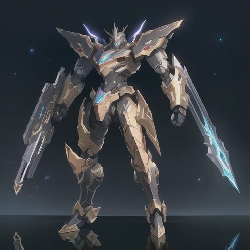 masterpiece, best quality, 8k, fantasy, robot giant, mecha style, black gold, ultra detailed, ambient light, volumetric lighting, (dark night:1.4) galaxy, reflection of light, reflective lighting, sharp focus, battle pose, legendary armor, megastructure, engine, mechanical (intricated detail:0.7), full body shot, <lora:hipoly3DModelLora_v10:0.2>