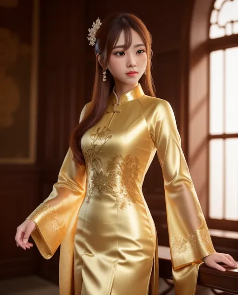 hiqcgbody, anime, 1girl, a caucasian women wearing thin sexy ao dai, model shot, detailed skin texture, detailed cloth texture, beautiful detailed face, masterpiece, best quality, ultra detailed, 8k, intricate details, <lora:hipoly3DModelLora_v10:0.5>