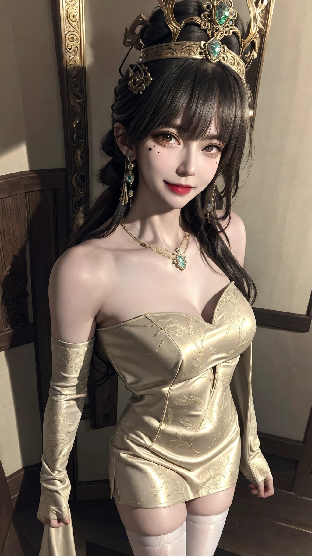 detailed skin texture, detailed cloth texture, beautifully detailed face, masterpiece, best quality, ultra detailed, 8k, intricate details, best quality, 1girl, bangs, bare_shoulders, black_hair, ancient china background, big breasts, thin, cape, cleavage, collarbone, green dress with patterns,full body, ultra realistic 8k cg, epic, (royal palace), royal, ((rich, prestige)), perfect artwork, masterpiece, picture-perfect face, perfect face, beautiful face, ((perfect female body)), charming, seductive, erotic, alluring, enchanting, mature female, narrow waist, gorgeous goddess, deity, divine queen, absurdly long hair, black hair, gloves, hair_bun, hair_ornament, hair_stick, jewelry, one mole under eye, necklace, smile, solo, thighhighs,glowing eyes, piercing eyes, looking at viewer, ((intricate detail, delicate pattern)), science fiction, jewelry, gem, gold, diamond, <lora:hipoly3DModelLora_v10:0.4>, (hiqcgbody:0.4), (hiqcgface:0.4), full-body shot, <lora:fashionGirl_v50:0.4>,  <lora:stLouisLuxuriousWheels_v1:0.4>,  <lora:punishingGreyRaven_luna:0.4>,<lora:mikuya_v15 (1):0.4> ,<lora:koreanDollLikeness:0.4>