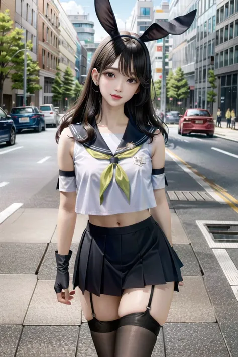 <lora:hipoly3DModelLora_v10:0.5>, hiqcgbody, hiqcgface, <lora:japaneseDollLikeness_v10:0.6> , (ulzzang-6500:0.4), (pureerosface_v1:0.9), realistic, (photorealistic:1.3),
sailor collar, crop top, neckerchief, microskirt, pleated skirt, highleg panties, black panties, striped thighhighs, rabbit ears, elbow gloves, boots, bare shoulders, in public, streets, crowd, people, masterpiece, best quality, highly detailed