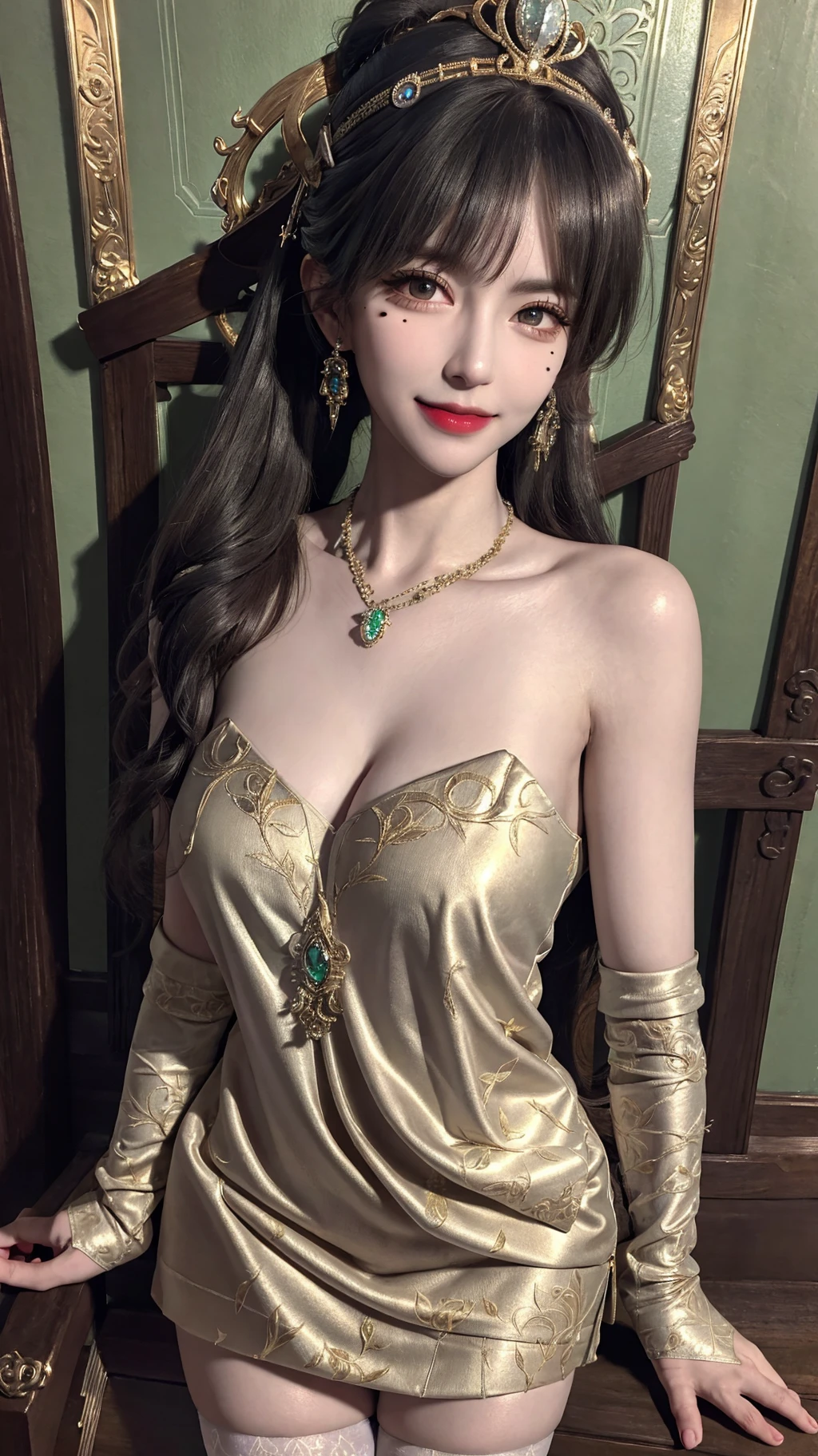 detailed skin texture, detailed cloth texture, beautifully detailed face, masterpiece, best quality, ultra detailed, 8k, intricate details, best quality, 1girl, bangs, bare_shoulders, black_hair, ancient china background, big breasts, thin, cape, cleavage, collarbone, green dress with patterns,full body, ultra realistic 8k cg, epic, (royal palace), royal, ((rich, prestige)), perfect artwork, masterpiece, picture-perfect face, perfect face, beautiful face, ((perfect female body)), charming, seductive, erotic, alluring, enchanting, mature female, narrow waist, gorgeous goddess, deity, divine queen, absurdly long hair, black hair, gloves, hair_bun, hair_ornament, hair_stick, jewelry, one mole under eye, necklace, smile, solo, thighhighs,glowing eyes, piercing eyes, looking at viewer, ((intricate detail, delicate pattern)), science fiction, jewelry, gem, gold, diamond, <lora:hipoly3DModelLora_v10:0.4>, (hiqcgbody:0.4), (hiqcgface:0.4), full-body shot, <lora:fashionGirl_v50:0.4>, <lora:stLouisLuxuriousWheels_v1:0.4>, <lora:punishingGreyRaven_luna:0.4>,<lora:mikuya_v15 (1):0.4> ,<lora:koreanDollLikeness:0.4>